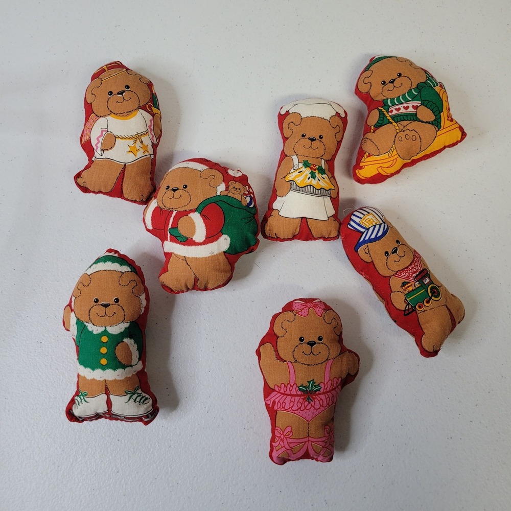 Vintage Christmas Teddy Bear Fabric Ornaments Set of 7 Red Green White 5in